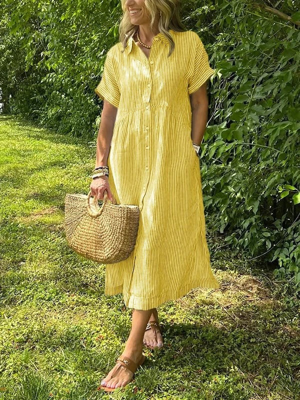 Mustard yellow striped midi dress with cuffed short sleeves