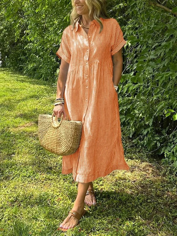 Orange striped button-front midi dress with collared neckline
