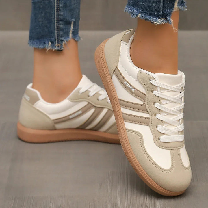 White and taupe lace-up trainers with contrast stripe detailing