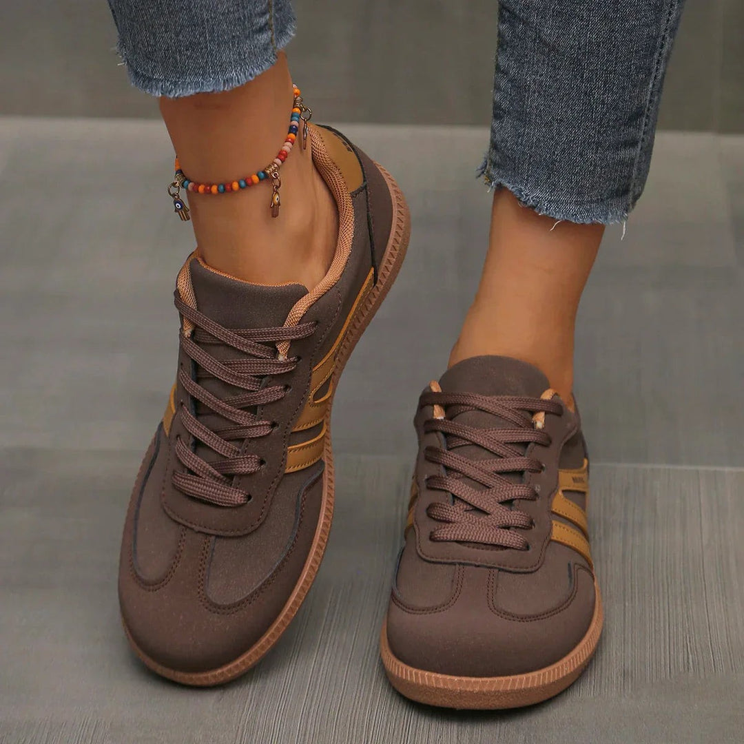 Brown suede lace-up trainers with mustard stripe accents