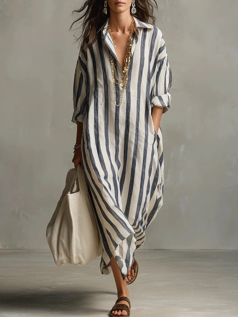 Navy and white striped maxi shirt dress with collar and long sleeves