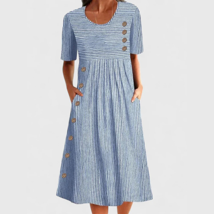 Blue striped midi dress with button detail and short sleeves