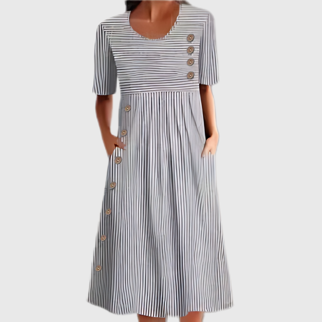 Grey striped midi dress featuring decorative button trim and pockets