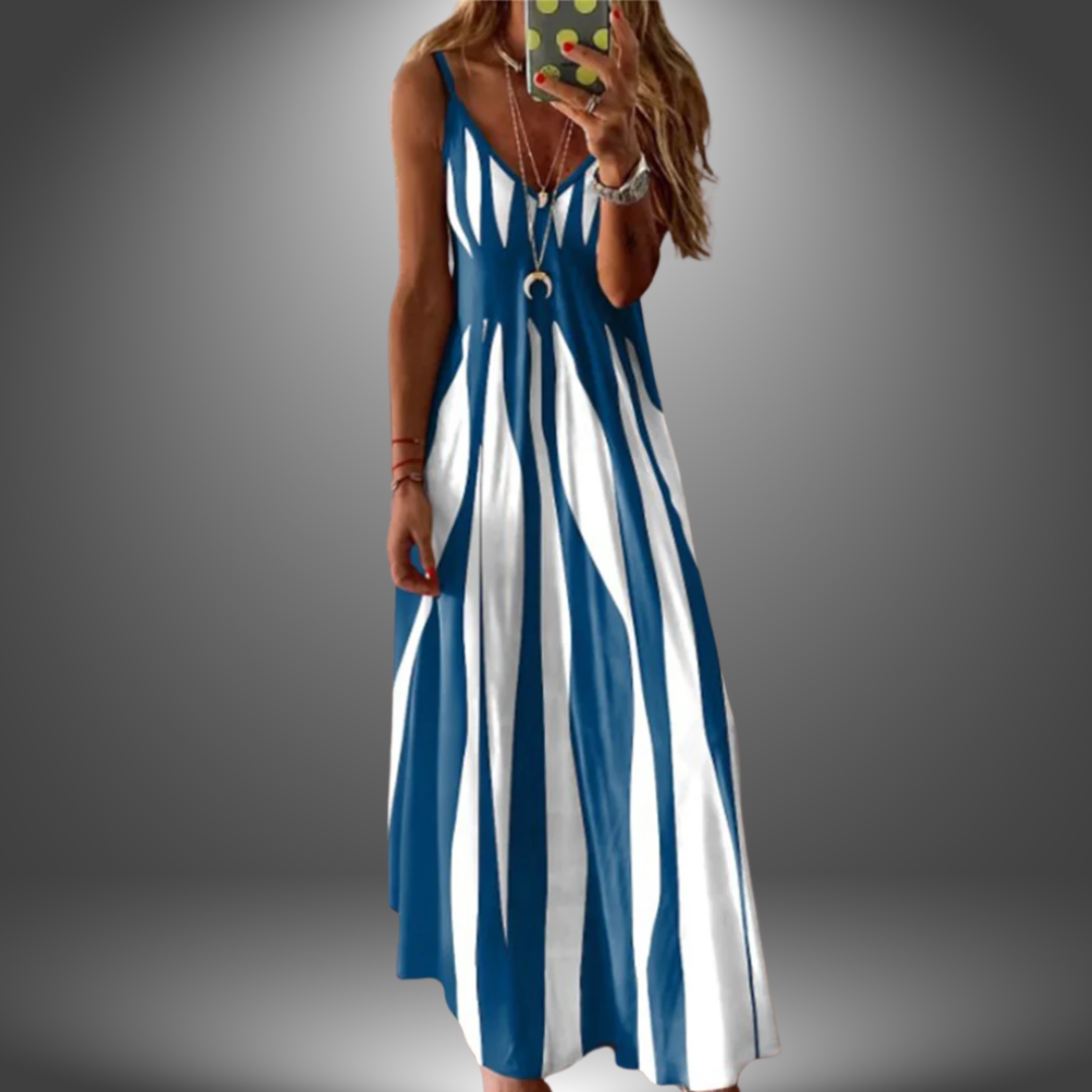 Blue and white striped sleeveless maxi dress with plunging V-neckline