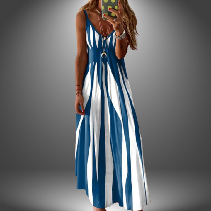 Blue and white striped sleeveless maxi dress with plunging V-neckline