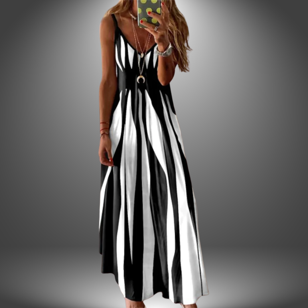 Black and white striped V-neck maxi dress with spaghetti straps