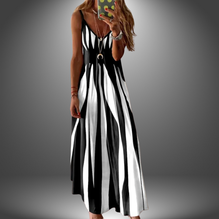 Black and white striped V-neck maxi dress with spaghetti straps