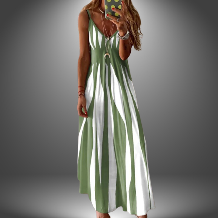 Sage green and white striped sleeveless V-neck maxi dress