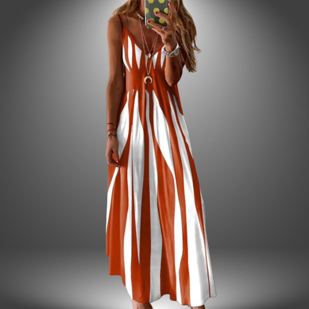 Burnt orange and white striped maxi dress with V-neck design