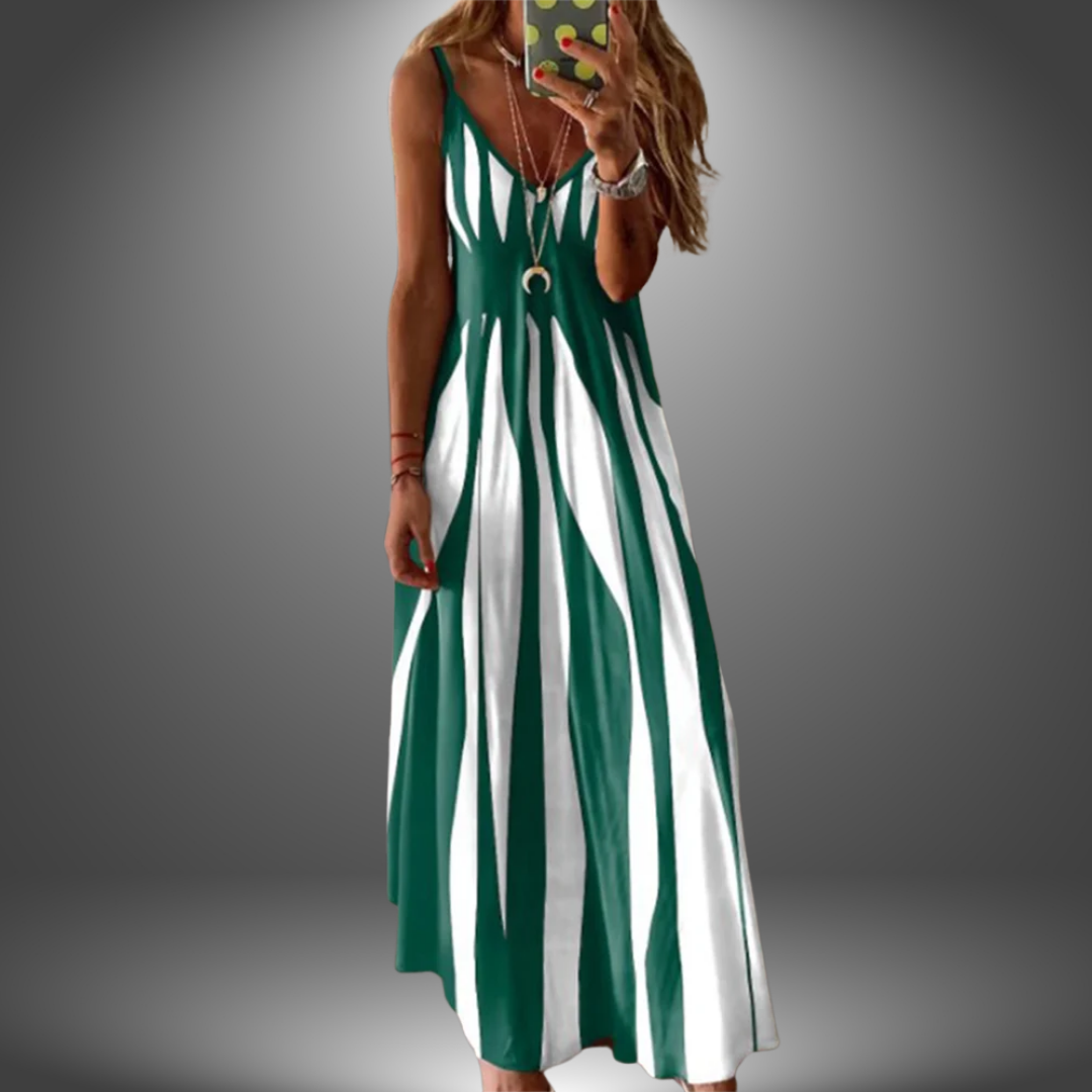 Emerald green and white striped sleeveless maxi dress with V-neck