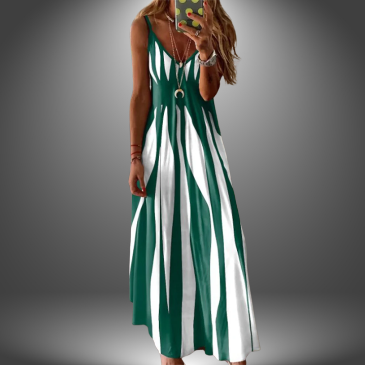 Emerald green and white striped sleeveless maxi dress with V-neck