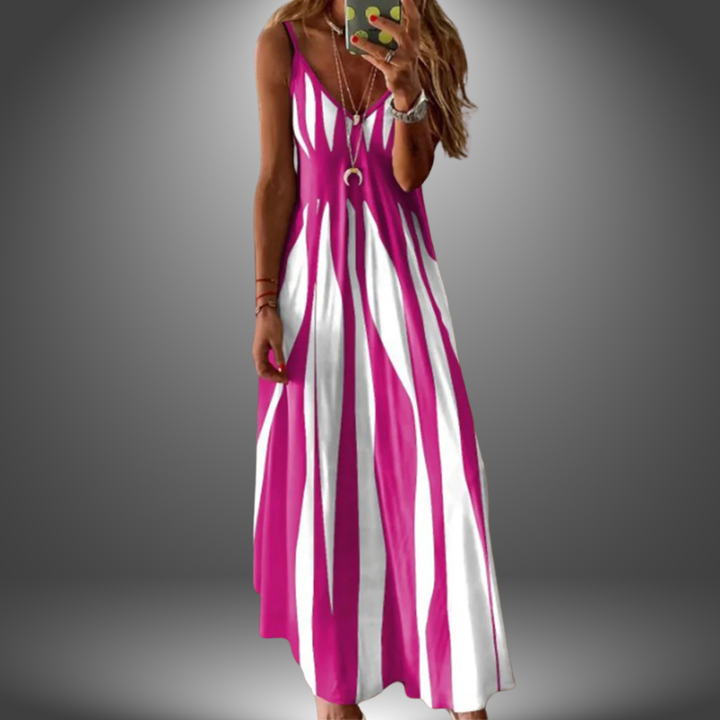 Pink and white striped V-neck maxi dress with thin straps