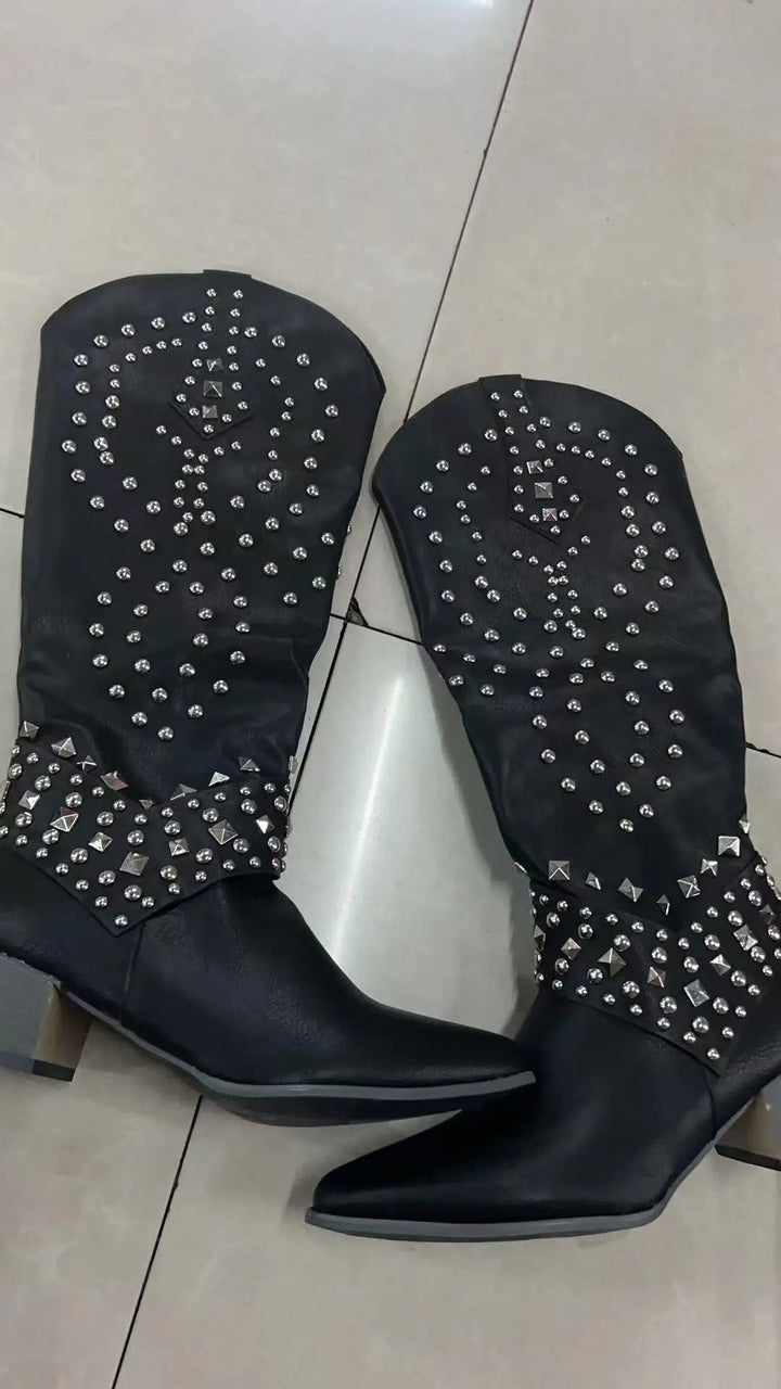 Black studded knee-high boots with silver stud detailing and stacked block heel