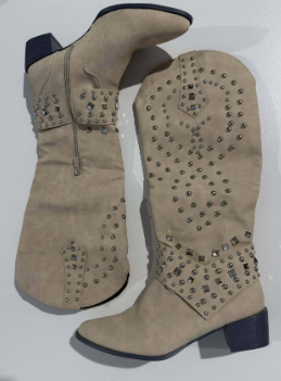 Beige suede-effect knee-high boots with silver studs and pointed toe