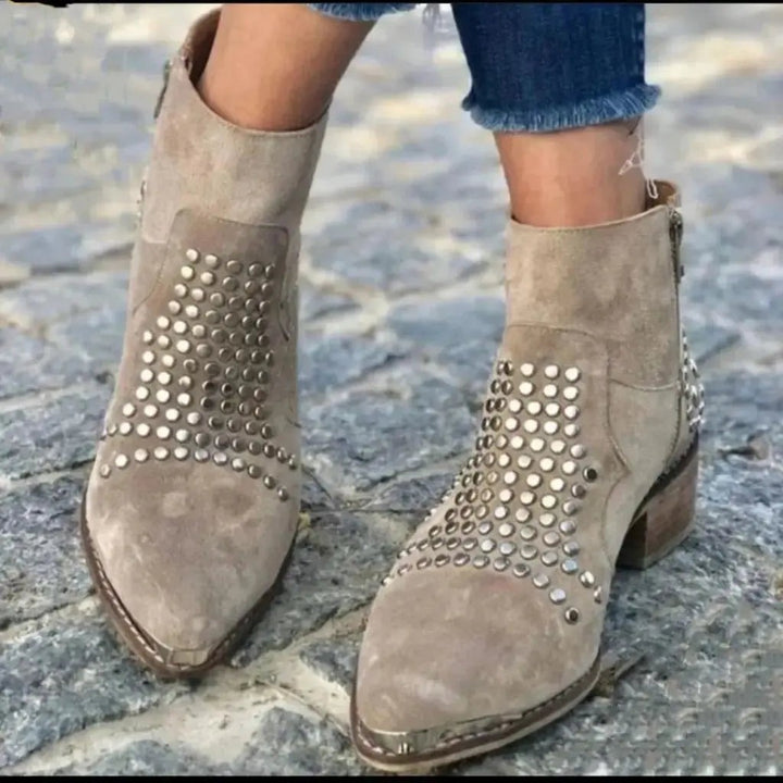 Taupe suede studded ankle boots with pointed toe and block heel