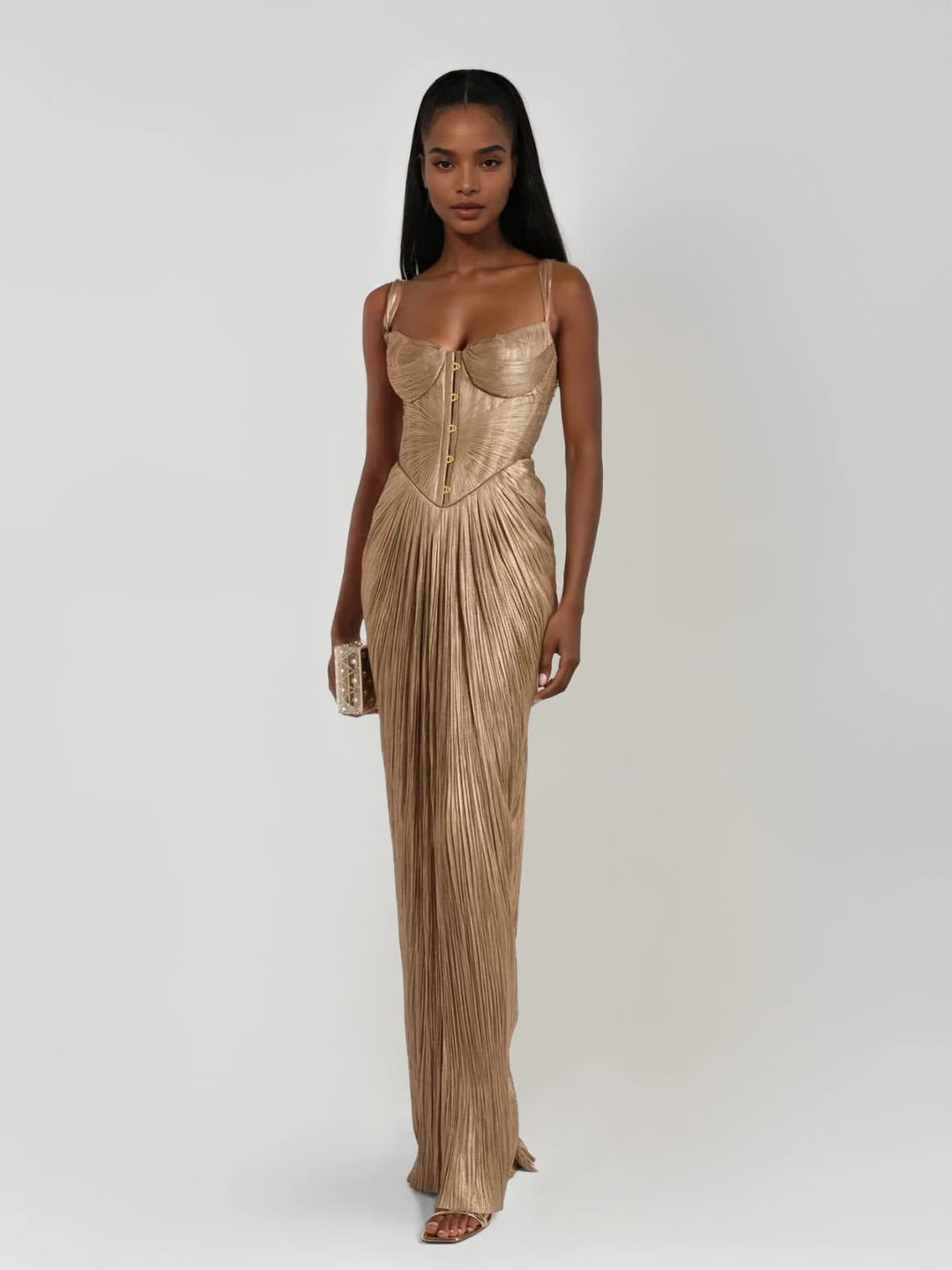Gold pleated corset maxi dress with hook-and-eye bustier front detailing