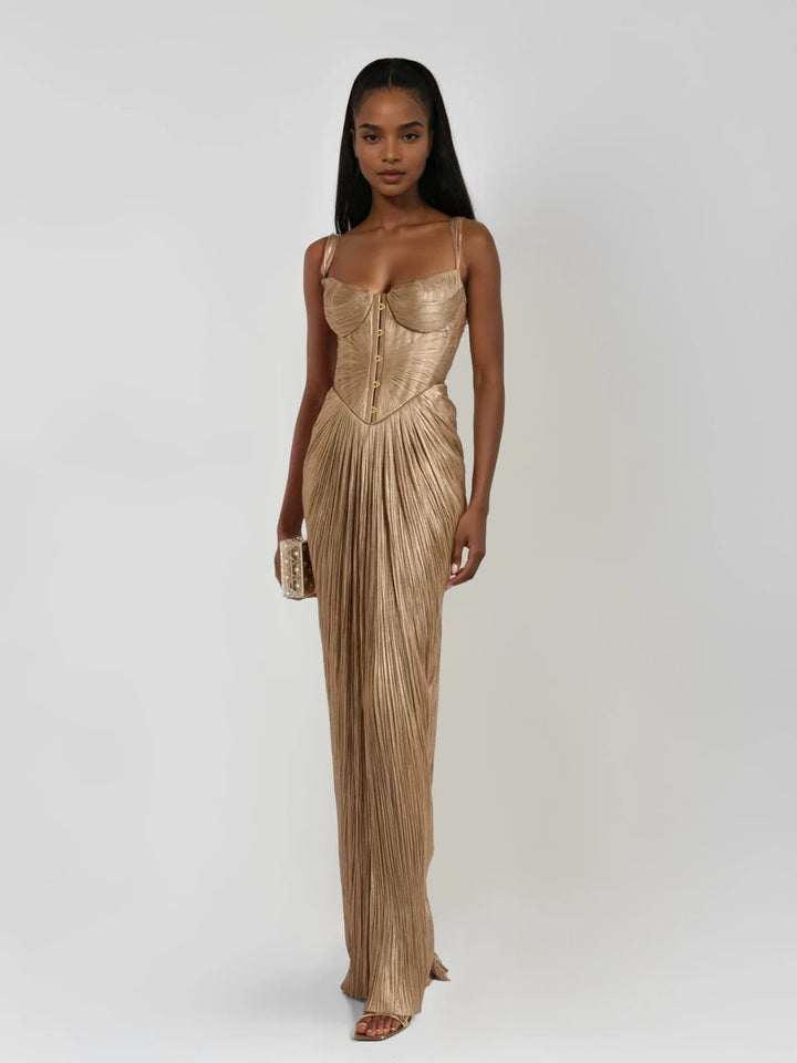 Gold pleated corset maxi dress with hook-and-eye bustier front detailing