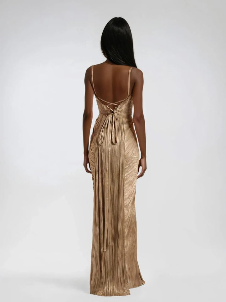 Backless gold maxi dress featuring lace-up tie fastening and pleated skirt