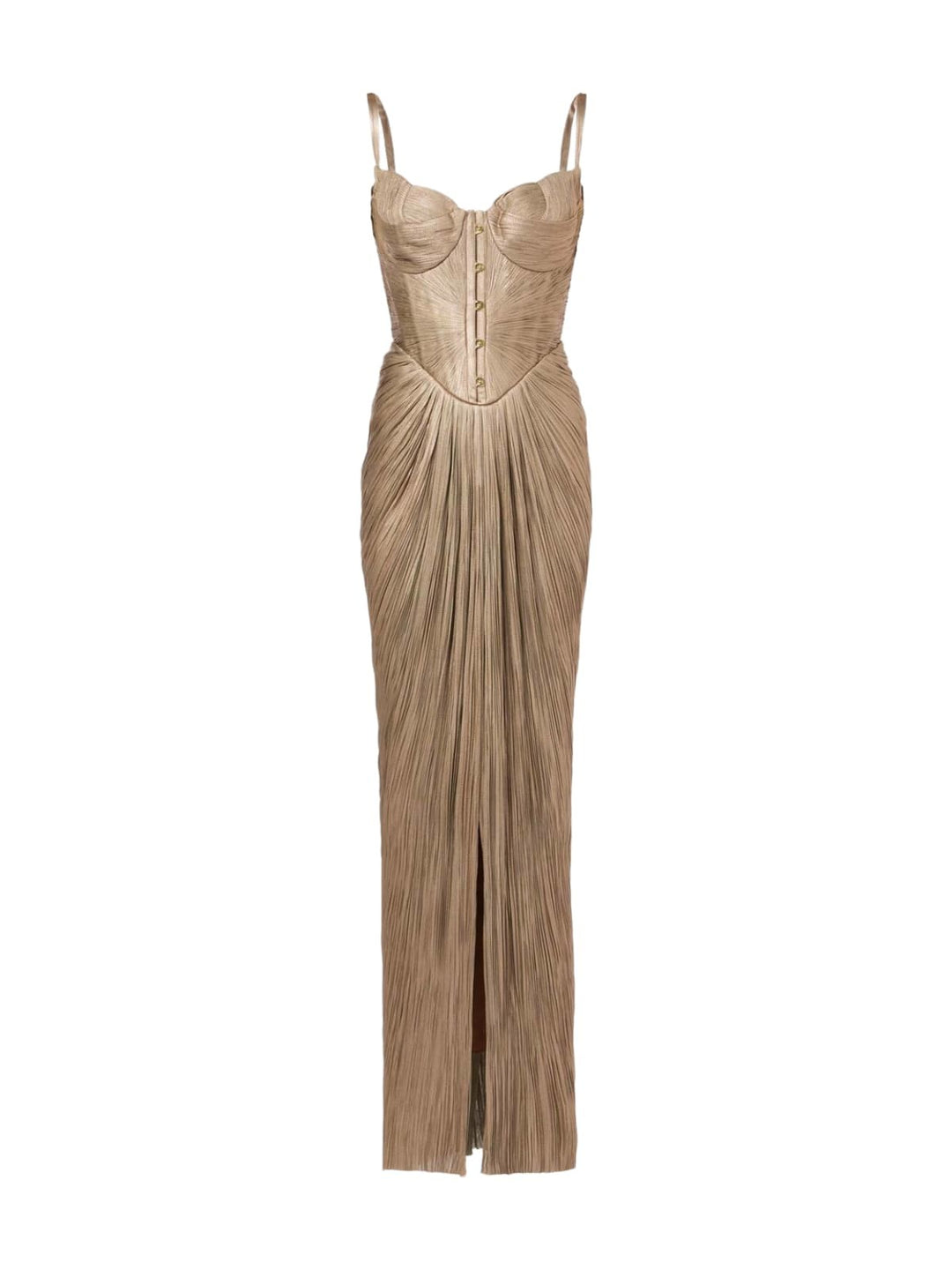 Metallic gold corset maxi dress with sweetheart neckline and front leg slit