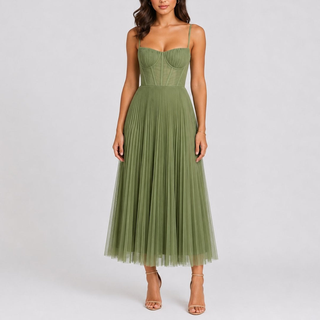 Sage green pleated tulle midi dress with sweetheart bustier bodice and thin straps