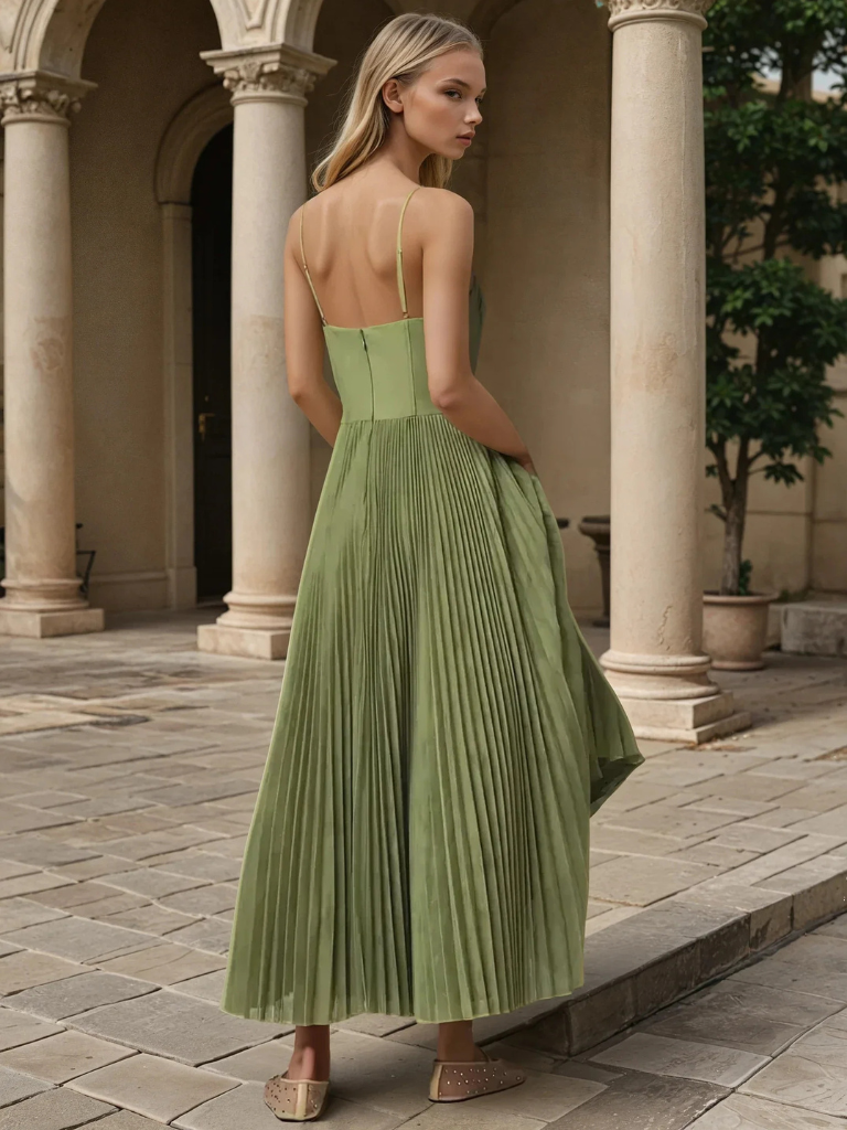 Rear view of pleated sage maxi dress showing low back and slim straps
