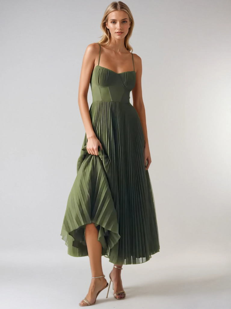 Front view of olive pleated maxi dress with high-low hem and metallic heels