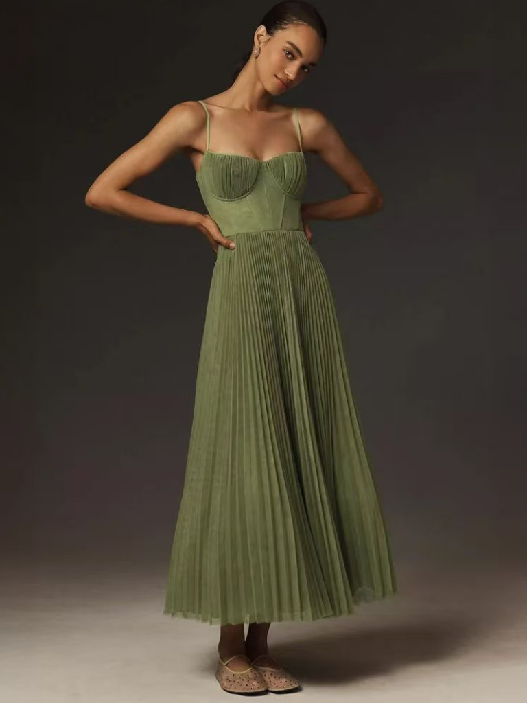 Front view of olive green pleated maxi dress with sweetheart bustier neckline