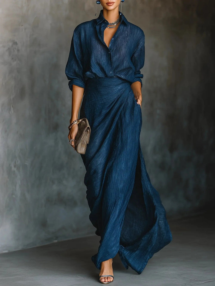 Navy crinkled cotton-linen maxi dress with collared V-neck and draped wrap skirt