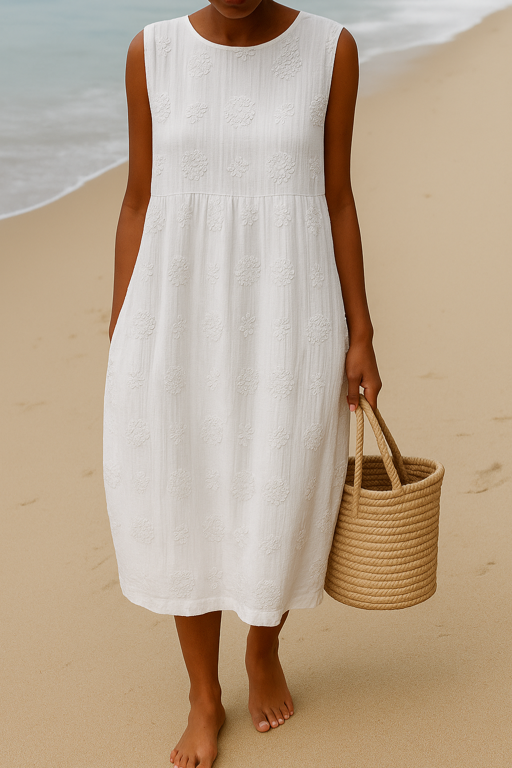 White sleeveless midi dress with textured floral embroidery and relaxed silhouette