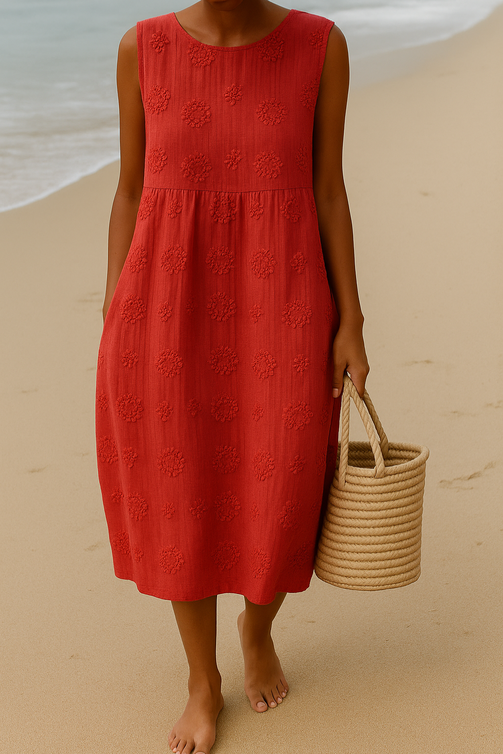 Red sleeveless midi dress showcasing embroidered floral pattern and scoop neckline