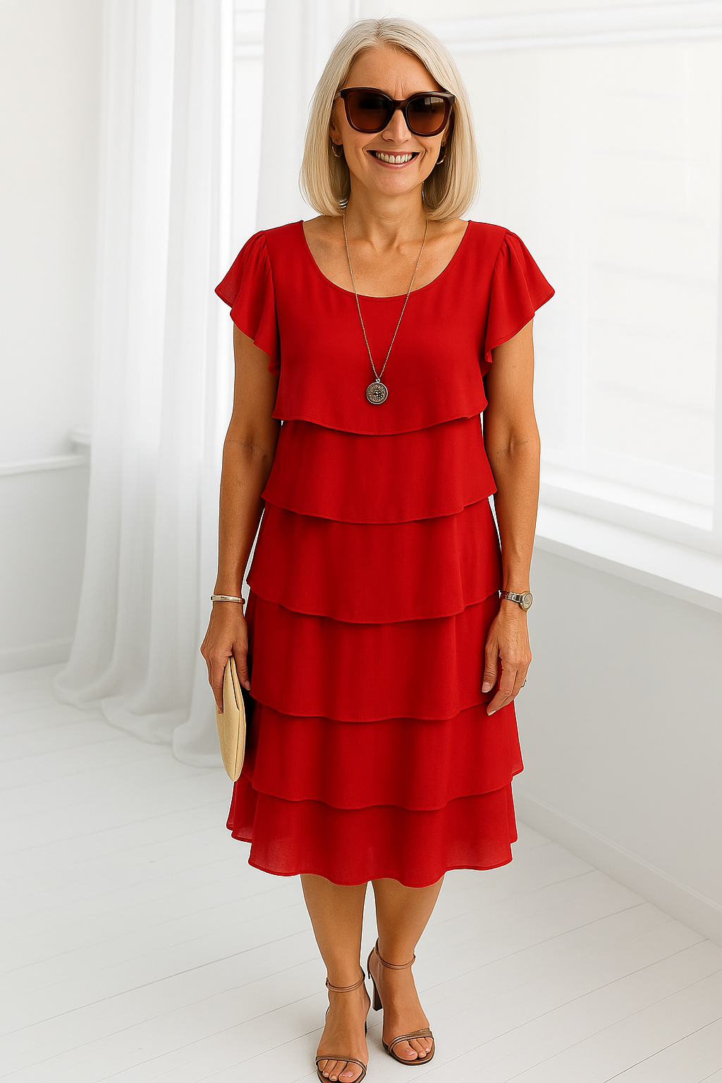 Red tiered midi dress with flutter sleeves and scoop neckline