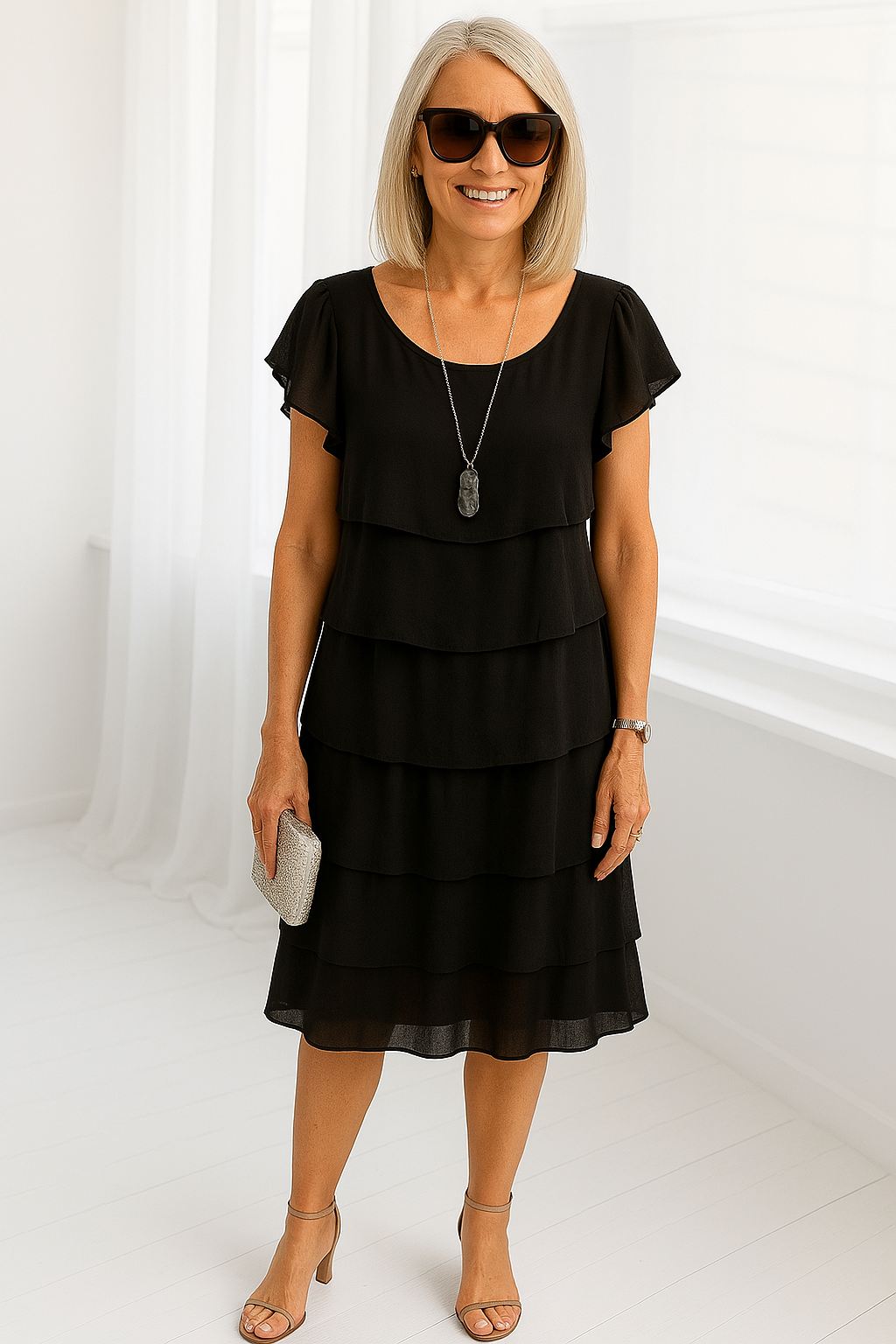 Black layered midi dress featuring frilled cap sleeves