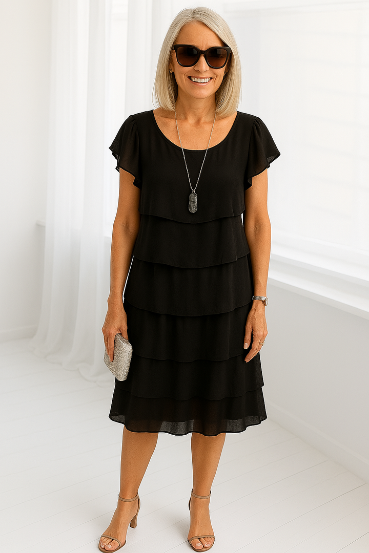 Black layered midi dress featuring frilled cap sleeves