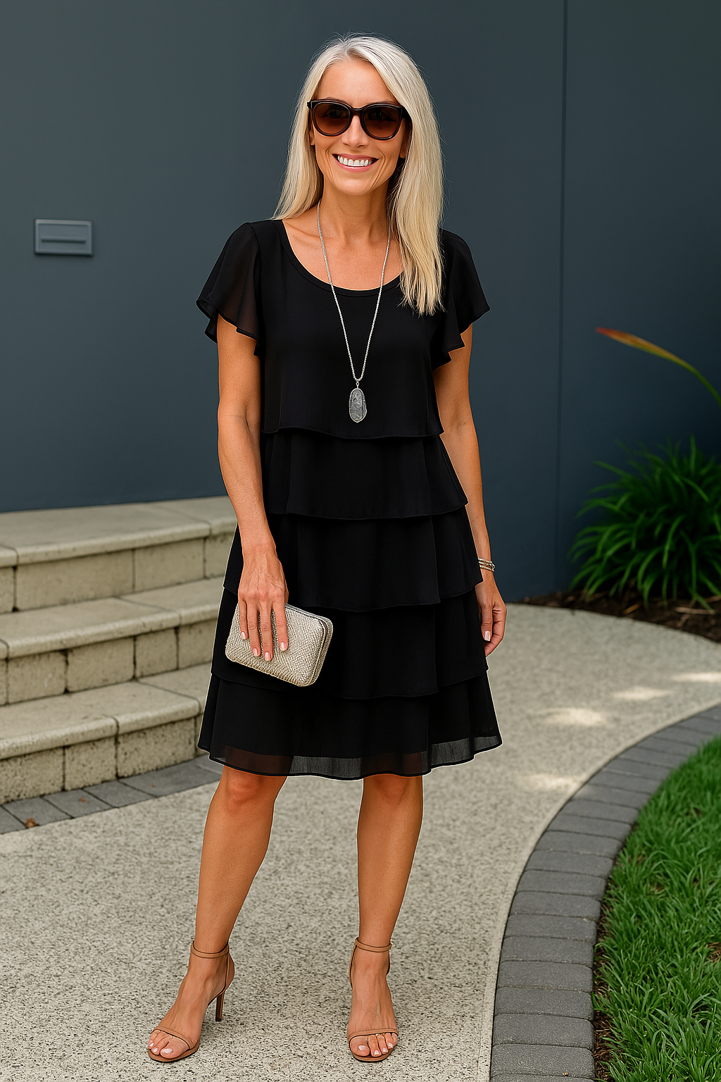Black tiered midi dress styled with a diamanté clutch bag
