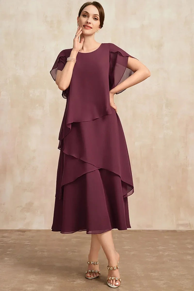 Plum chiffon tiered midi dress featuring flutter sleeves and round neckline
