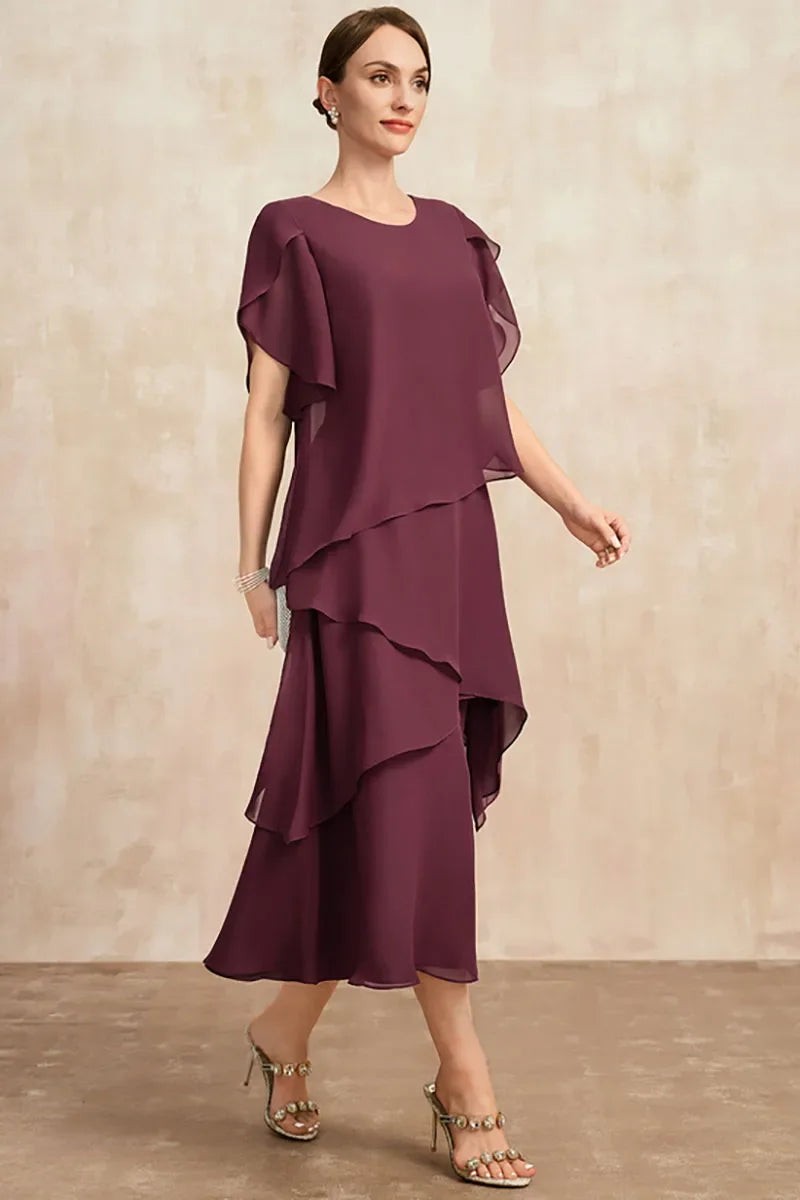 Aubergine chiffon midi dress with tiered skirt and flowing flutter sleeves