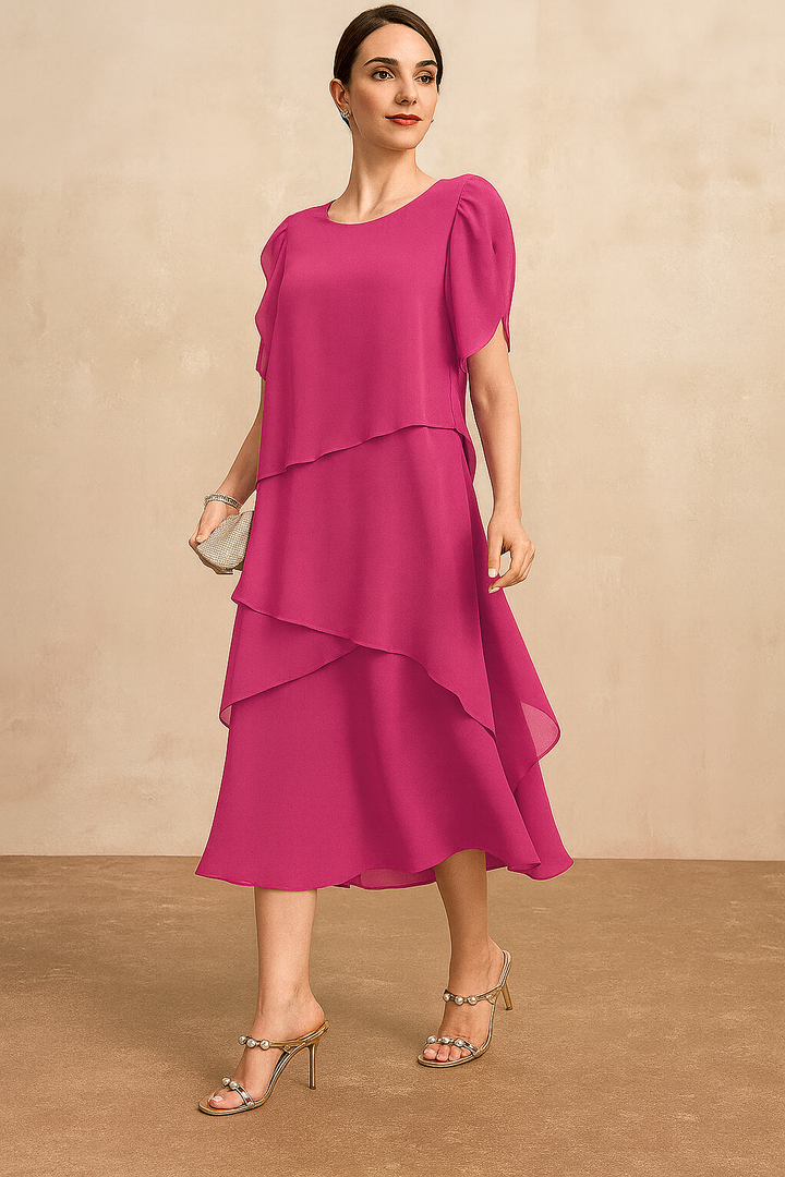 Fuchsia pink chiffon dress with puff sleeves and asymmetric tiered skirt
