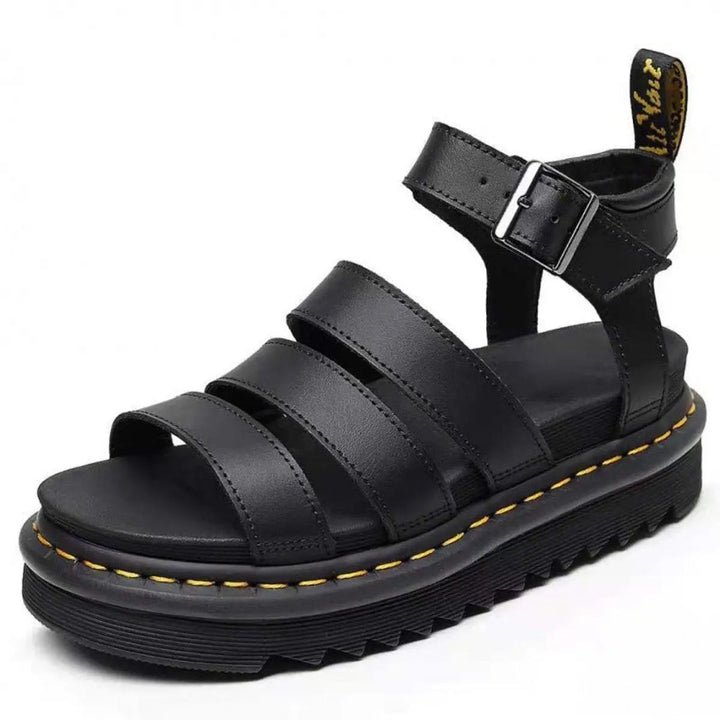 Black leather chunky platform sandal with triple straps and ankle buckle