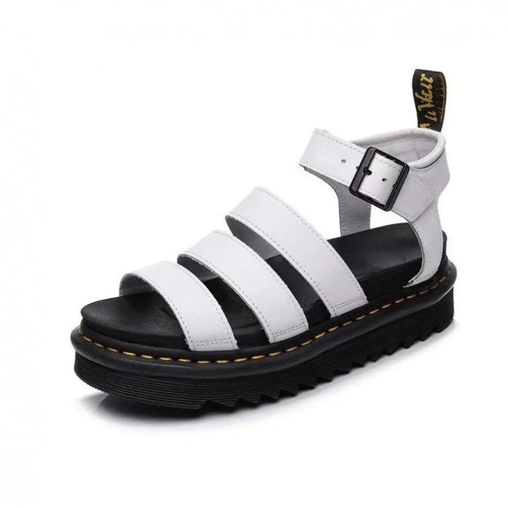 White leather triple-strap platform sandal with contrast black sole