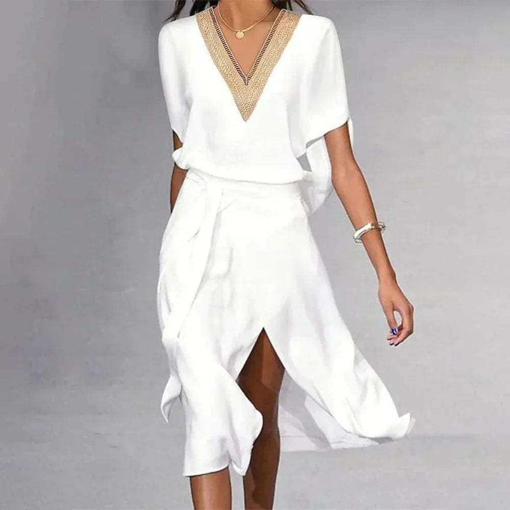 White midi dress with sequin V-neck, tie waist and front split detail