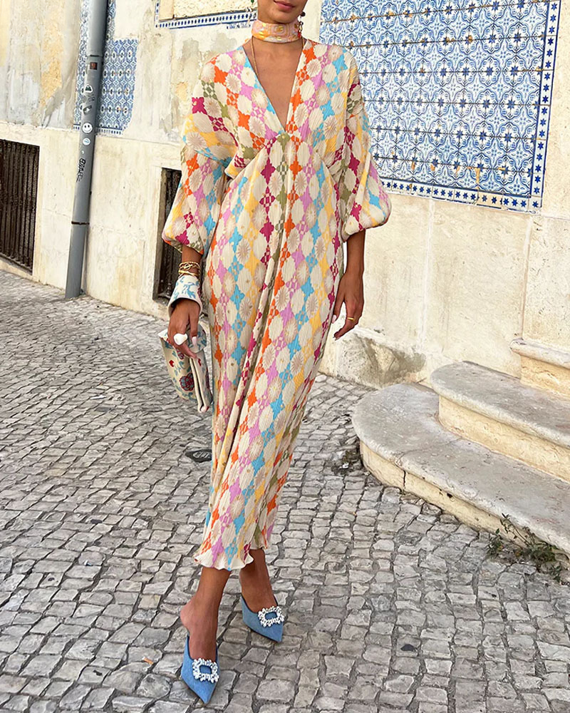 Multicoloured geometric print maxi dress with plunging neckline and blouson sleeves