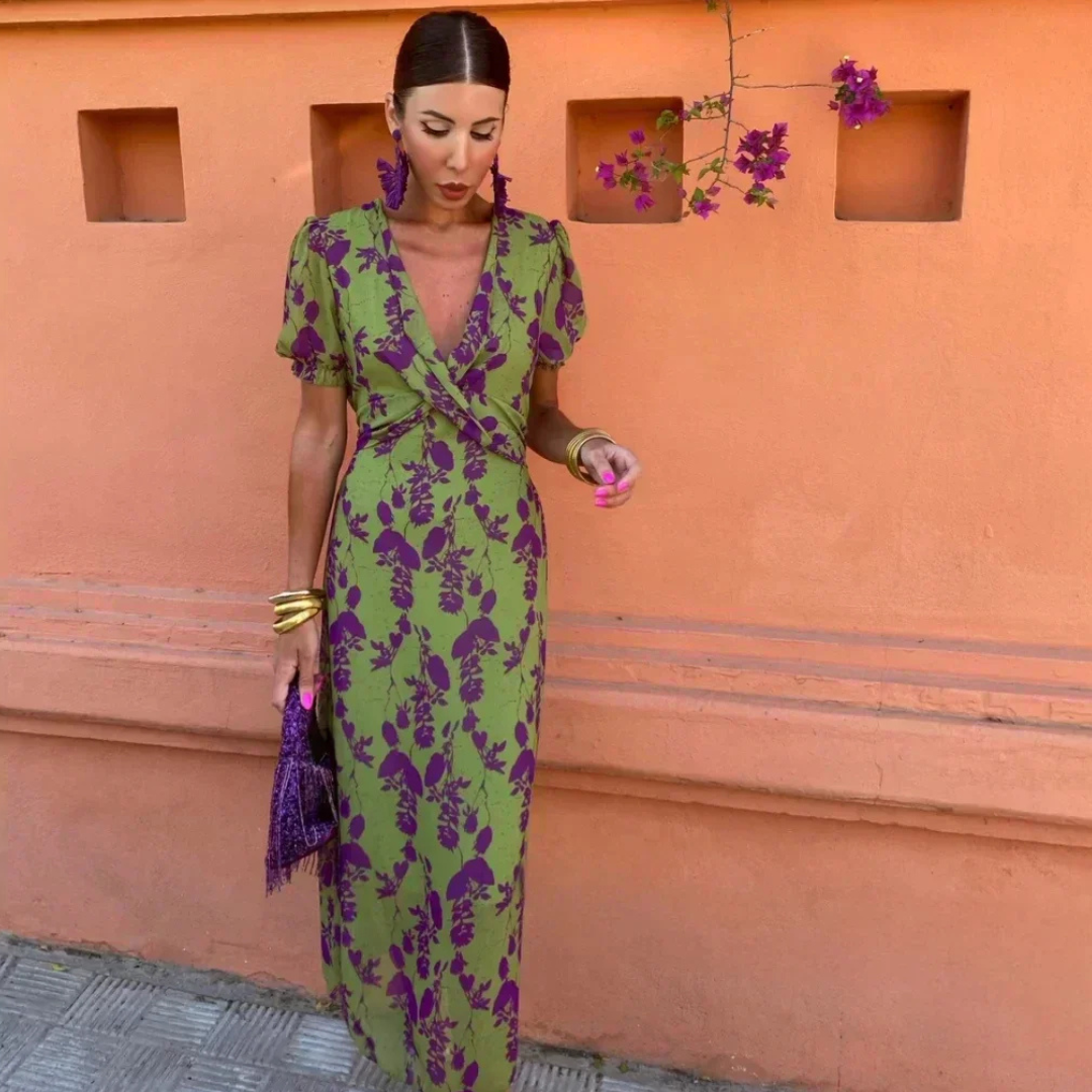 Green floral wrap maxi dress with purple print and puff sleeves