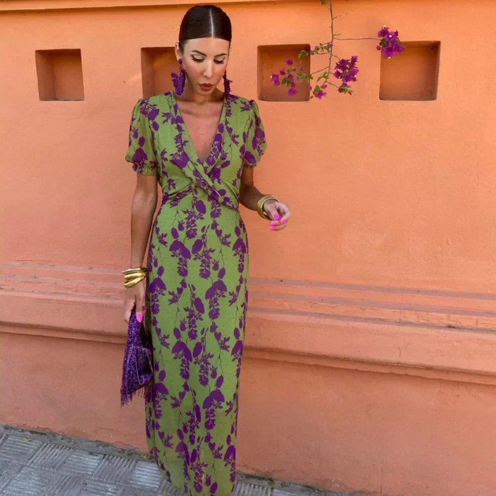 Green floral wrap maxi dress with purple print and puff sleeves