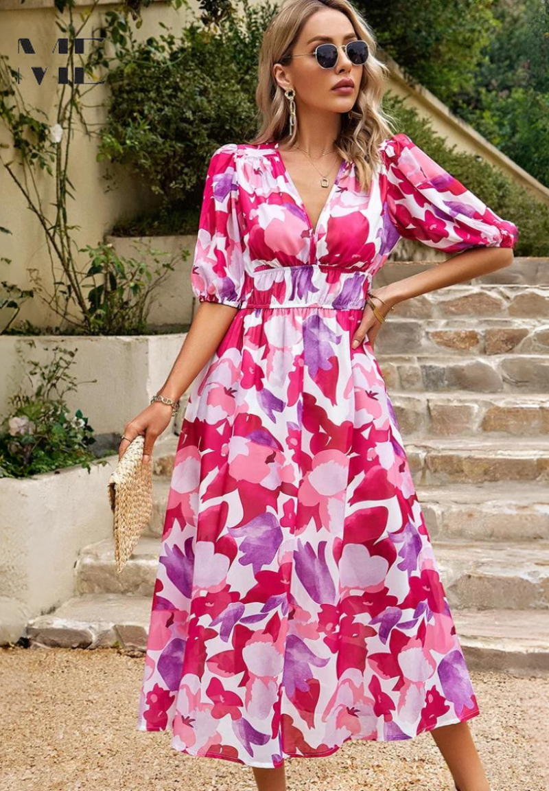 Ava | Women Colorful Floral V Neck Midi Dress - image 17