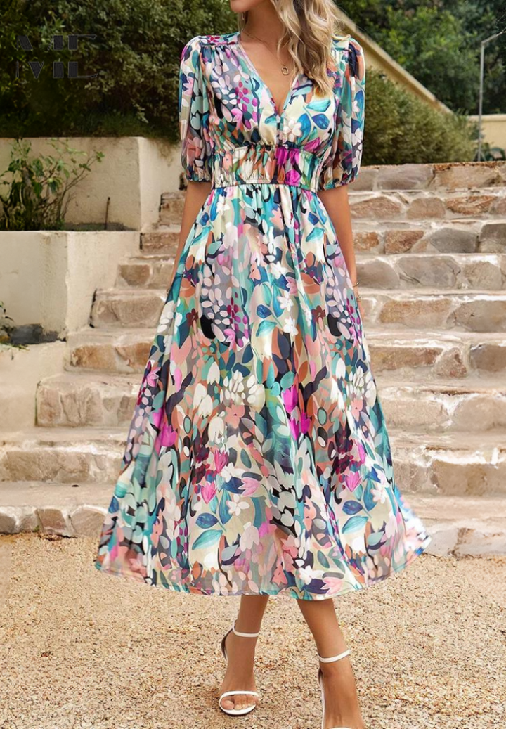 Ava | Women Colorful Floral V Neck Midi Dress - image 3