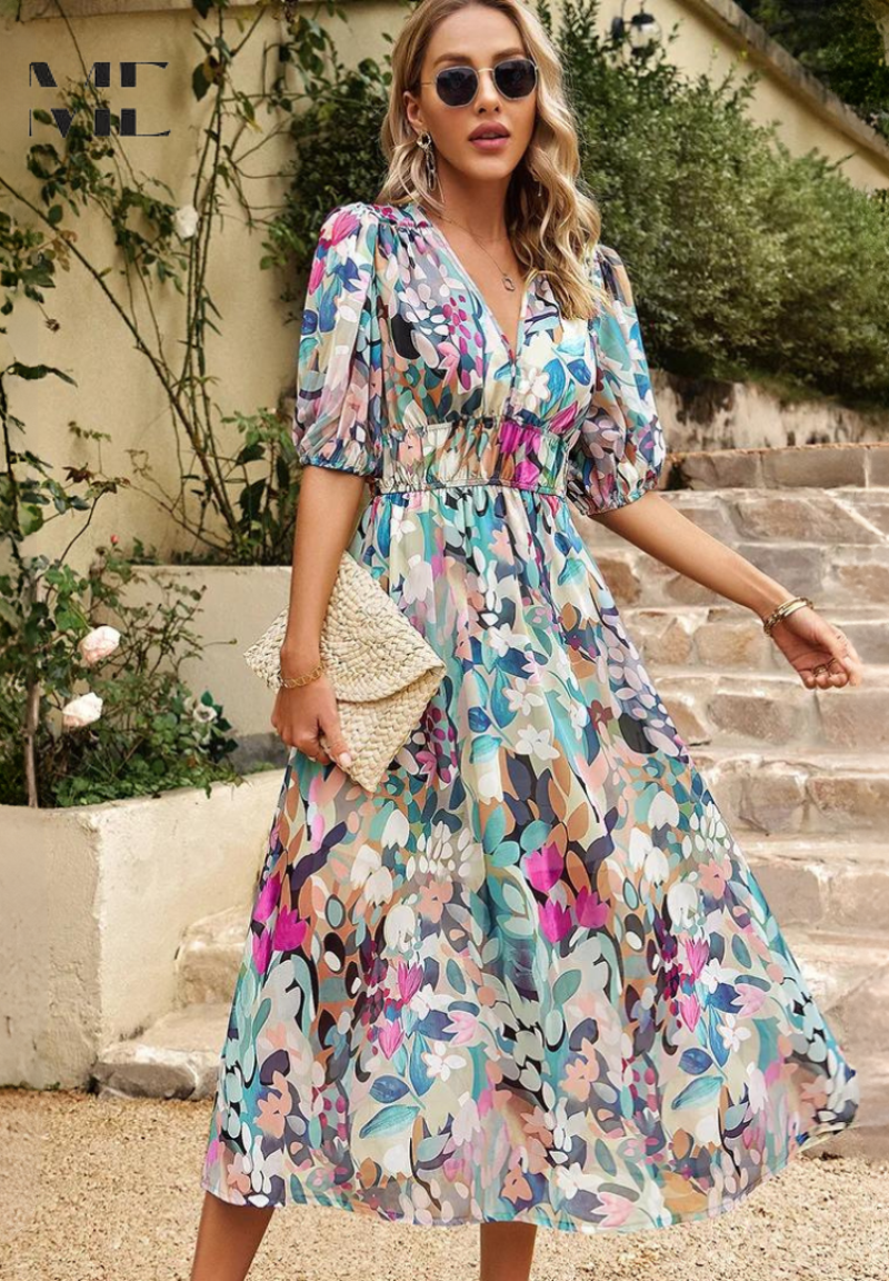 Ava | Women Colorful Floral V Neck Midi Dress - image 4
