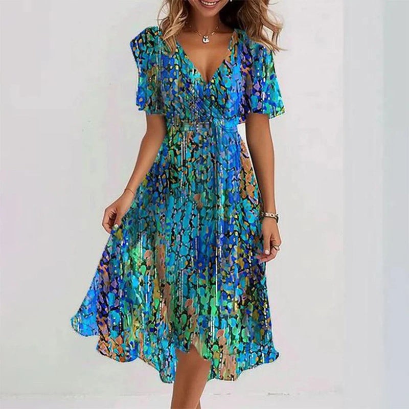 Blue mosaic-print wrap dress with flutter sleeves and V-neckline