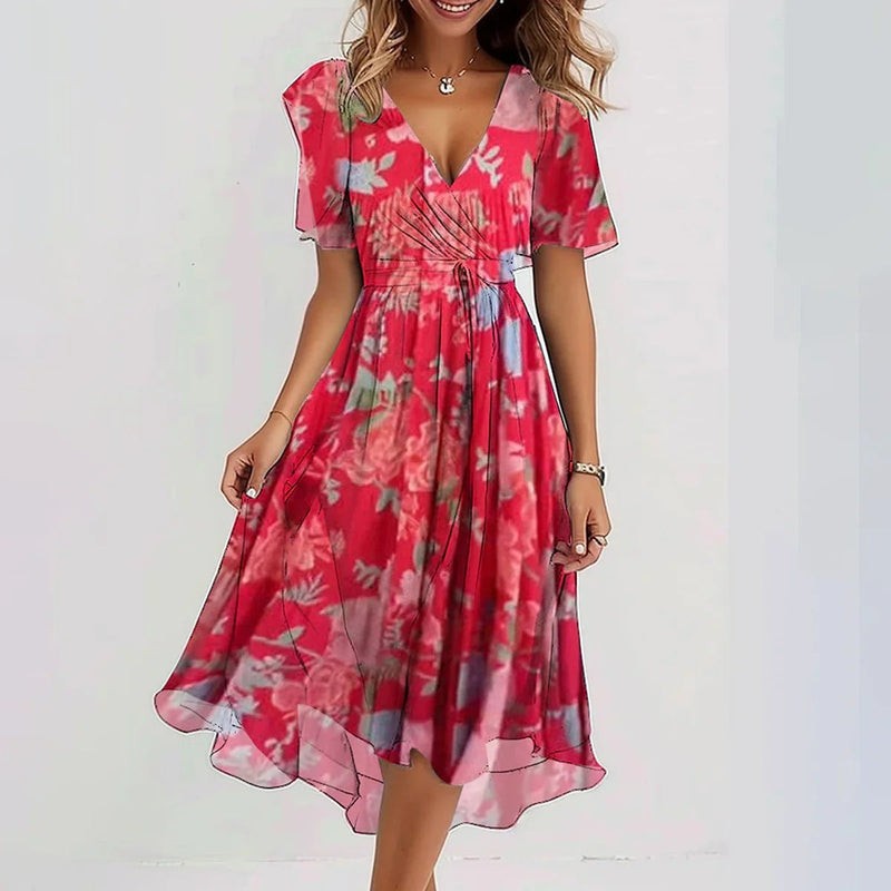 Red floral print midi dress with V-neck and flutter sleeves