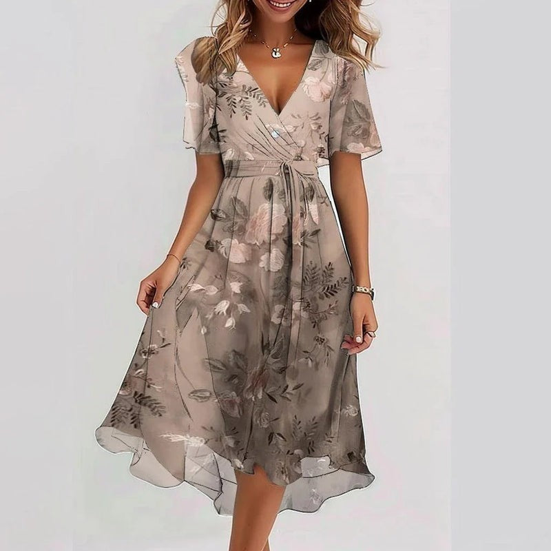 Taupe floral chiffon wrap dress with tie waist and flutter sleeves