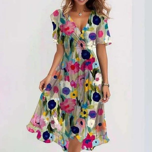 Multicoloured floral print wrap dress with V-neckline and flutter sleeves